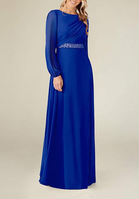 Royal Blue A-Line Boat Neck Pleated Georgette Gown