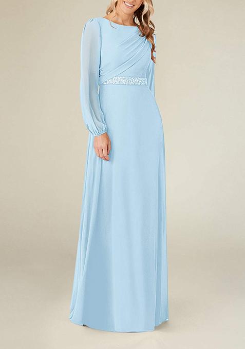 Sky Blue A-Line Boat Neck Pleated Georgette Gown