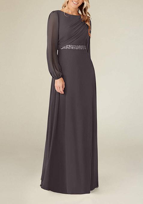 Steel Grey A-Line Boat Neck Pleated Georgette Gown