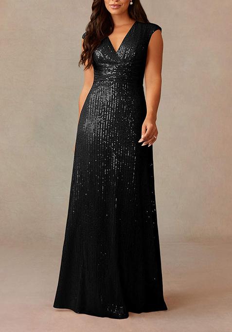 Black A-Line V-Neck Ruched Stretchable Sequin Mesh Gown