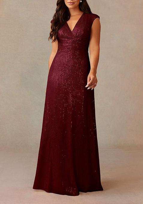 Burgundy A-Line V-Neck Ruched Stretchable Sequin Mesh Gown