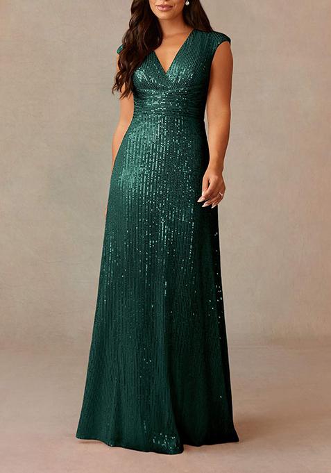 Dark Green A-Line V-Neck Ruched Stretchable Sequin Mesh Gown