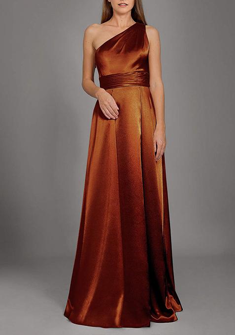 Brown A-Line One Shoulder Metallic Satin Gown