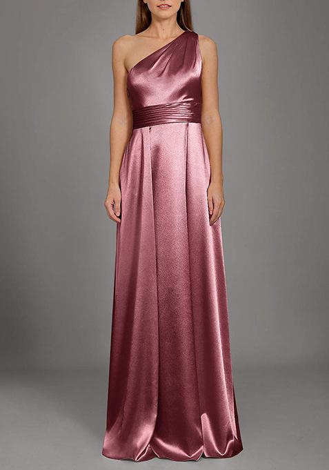 Desert Rose A-Line One Shoulder Metallic Satin Gown