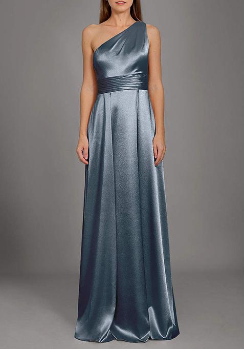 Twilight Blue-Line One Shoulder Metallic Satin Gown