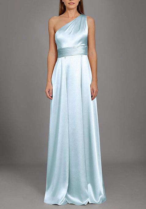 Sky Blue A-Line One Shoulder Metallic Satin Gown