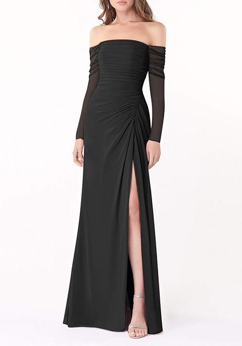 Black Fitted Long Sleeve Lycra Net Gown