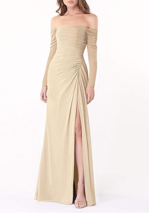 Beige Fitted Long Sleeve Lycra Net Gown