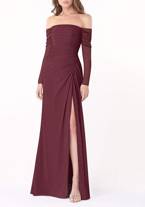 Wine Fitted Long Sleeve Lycra Net Gown