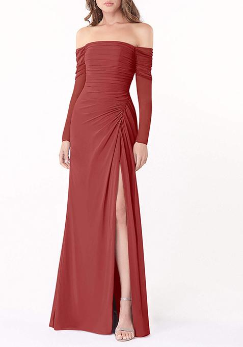 Rust Fitted Long Sleeve Lycra Net Gown