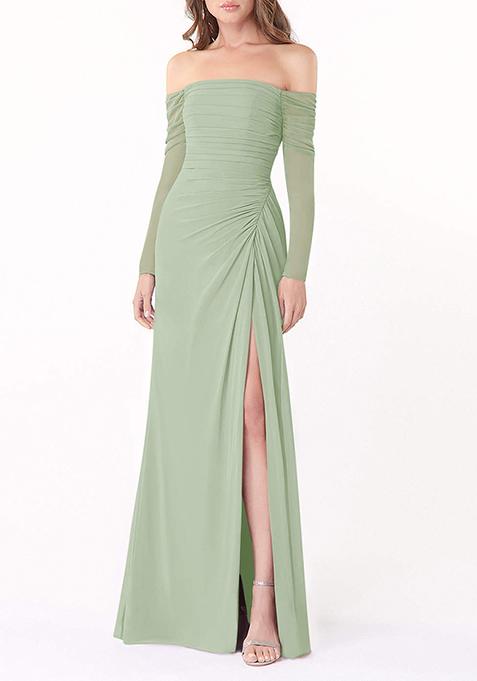 Sage Green Fitted Long Sleeve Lycra Net Gown