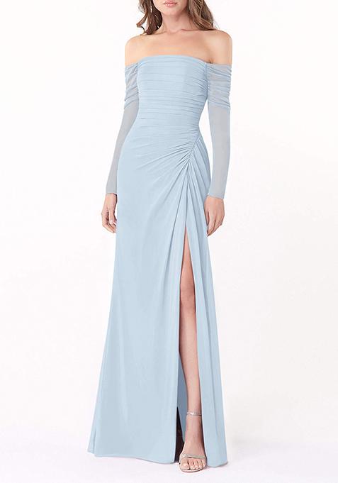 Sky Blue Fitted Long Sleeve Lycra Net Gown