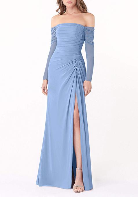 Steel Blue Fitted Long Sleeve Lycra Net Gown