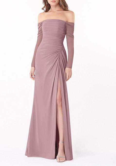 Sandy Pink Fitted Long Sleeve Lycra Net Gown