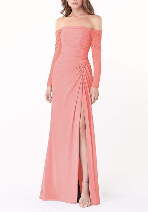 Coral Fitted Long Sleeve Lycra Net Gown