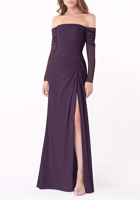 Purple Fitted Long Sleeve Lycra Net Gown