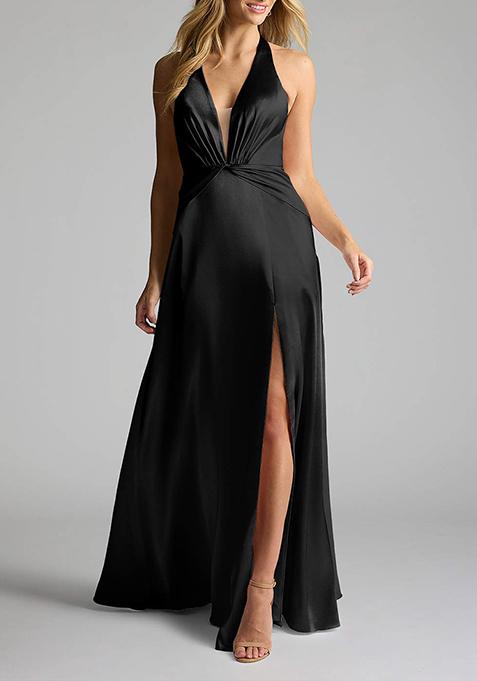 Black A-Line V- Neck Metallic Satin Dress