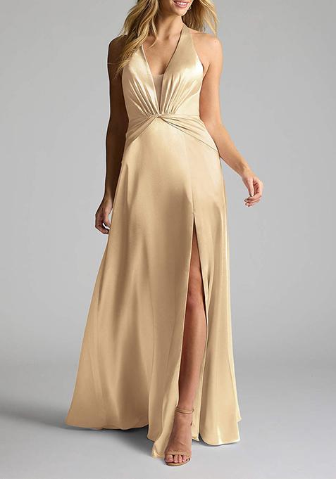 Beige A-Line V- Neck Metallic Satin Dress