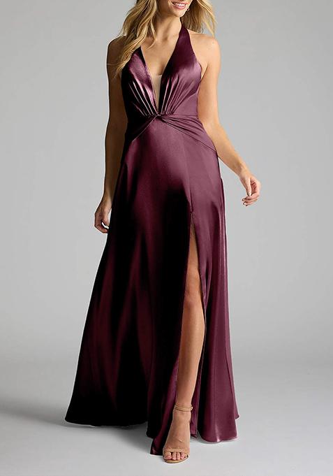 Wine A-Line V- Neck Metallic Satin Dress