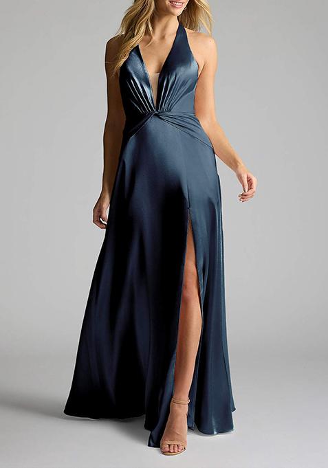 Dark Navy A-Line V- Neck Metallic Satin Dress