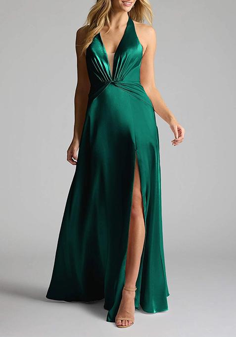 Emerald A-Line V- Neck Metallic Satin Dress