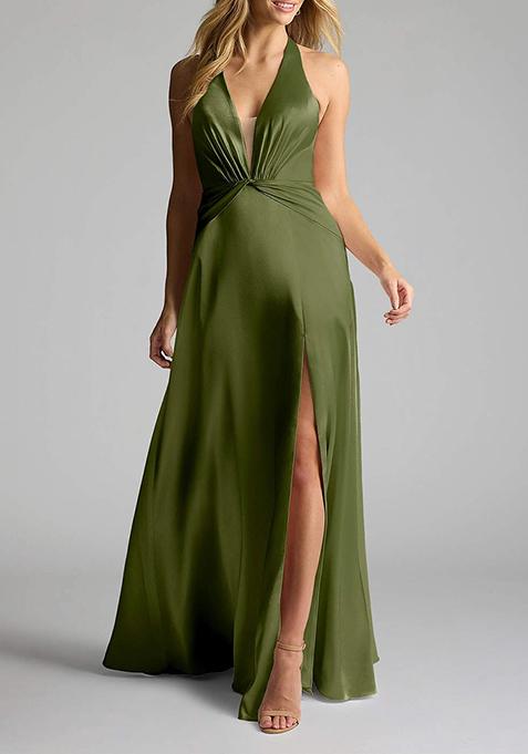 Olive A-Line V- Neck Metallic Satin Dress