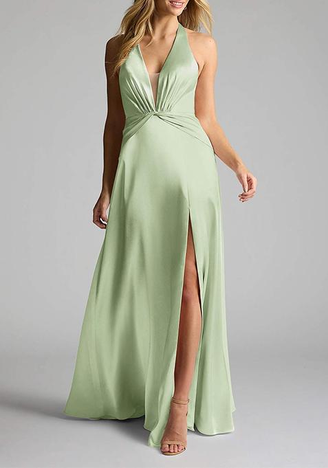 Sage Green A-Line V- Neck Metallic Satin Dress