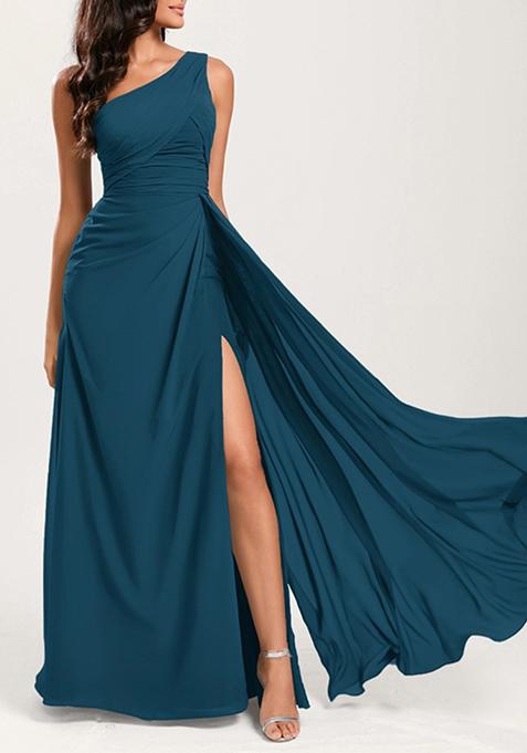 Ink Blue A-line One Shoulder Ruffled Pure Georgette Gown