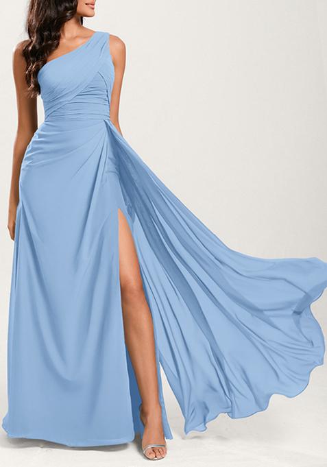 Light Blue A-line One Shoulder Ruffled Pure Georgette Gown