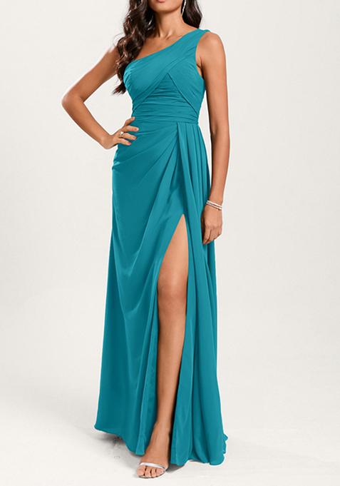 Blue A-line One Shoulder Ruffled Pure Georgette Gown