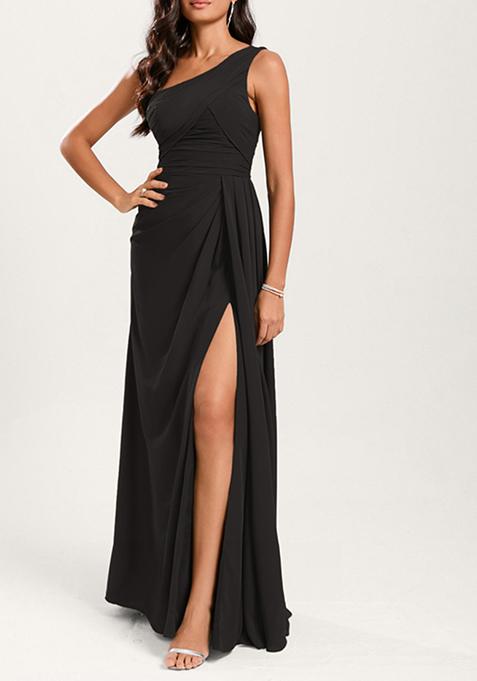 Black A-line One Shoulder Ruffled Pure Georgette Gown