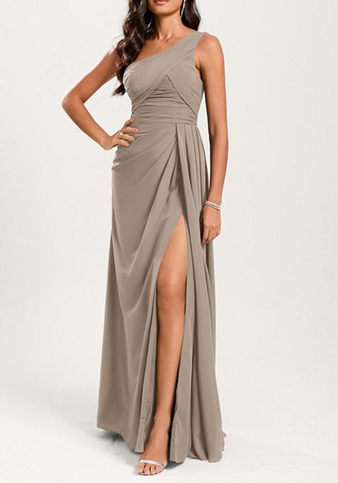 Grey A-line One Shoulder Ruffled Pure Georgette Gown