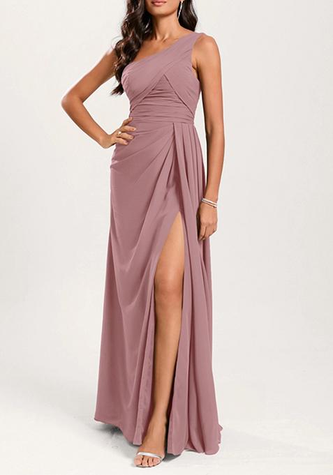 Vintage Mauve A-line One Shoulder Ruffled Pure Georgette Gown