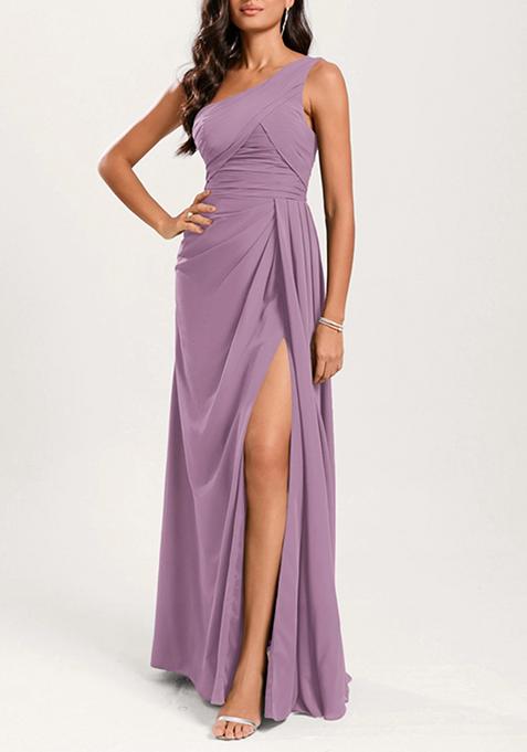 Lavender A-line One Shoulder Ruffled Pure Georgette Gown