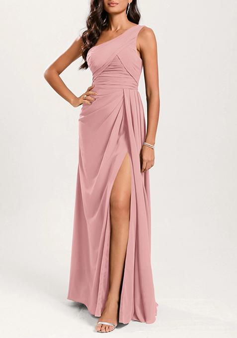 Blush Pink Pink A-line One Shoulder Ruffled Pure Georgette Gown