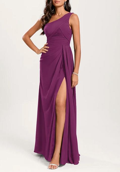 Purple A-line One Shoulder Ruffled Pure Georgette Gown