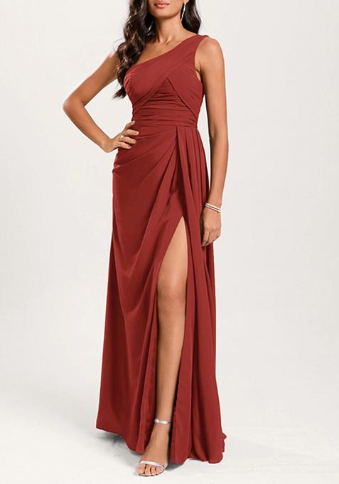 Orange A-line One Shoulder Ruffled Pure Georgette Gown