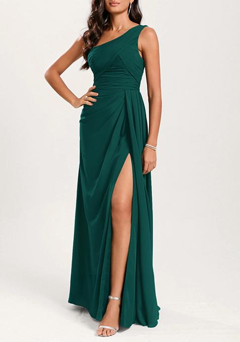 Emerald A-line One Shoulder Ruffled Pure Georgette Gown