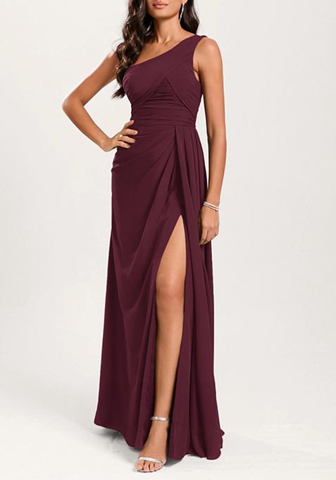 Wine A-line One Shoulder Ruffled Pure Georgette Gown