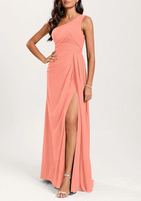 Coral A-line One Shoulder Ruffled Pure Georgette Gown