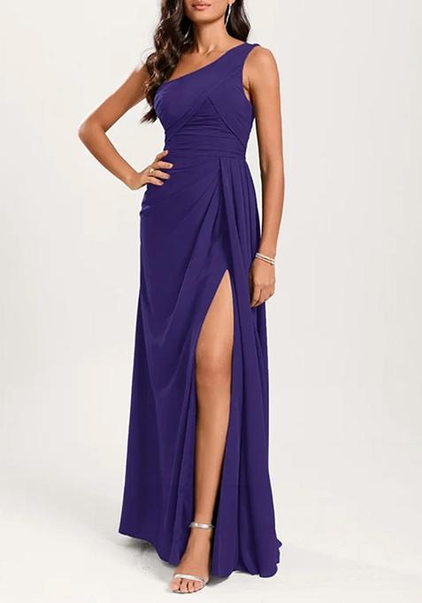 Purple A-line One Shoulder Ruffled Pure Georgette Gown