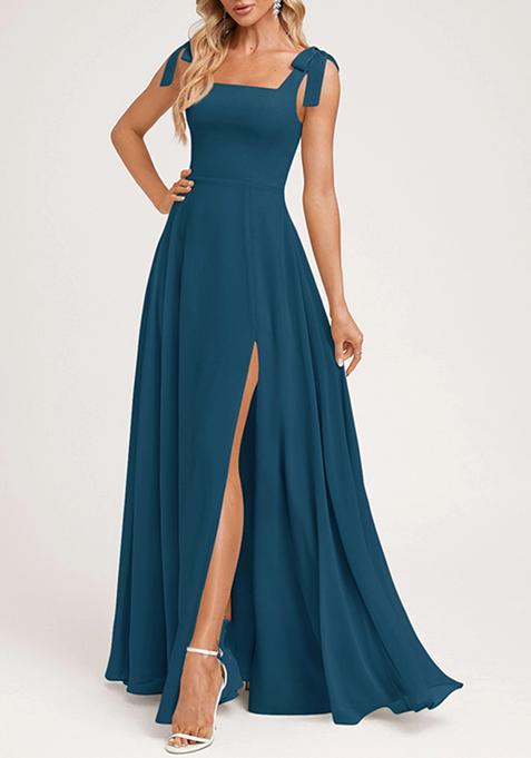 Ink Blue A-line Square Bow Sleeves Pure Georgette Gown