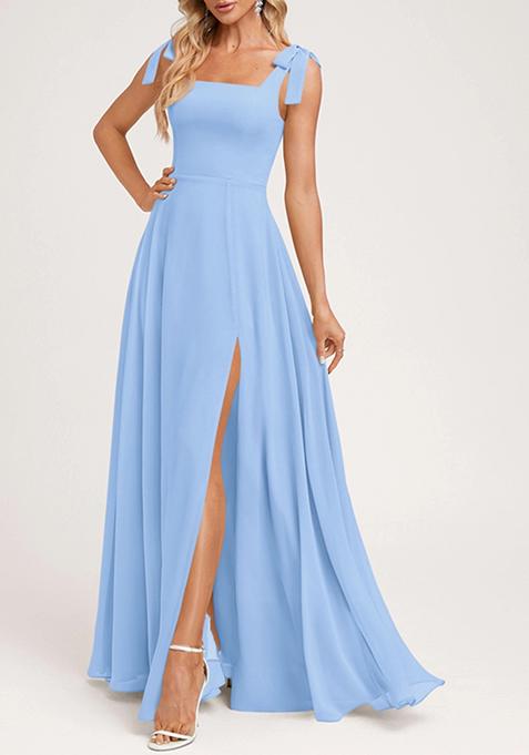 Light Blue A-line Square Bow Sleeves Pure Georgette Gown