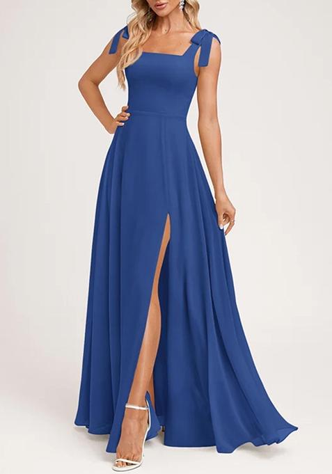 Royal Blue A-line Square Bow Sleeves Pure Georgette Gown