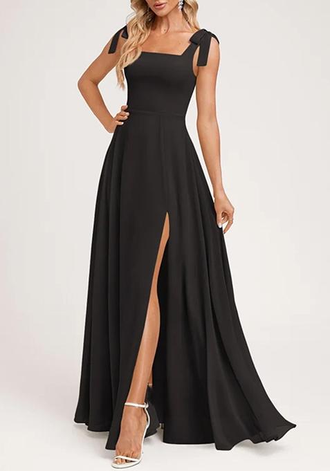 Black A-line Square Bow Sleeves Pure Georgette Gown