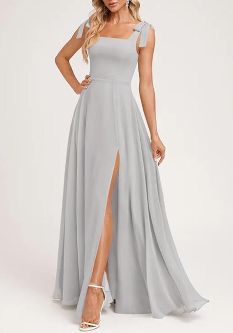 Silver A-line Square Bow Sleeves Pure Georgette Gown