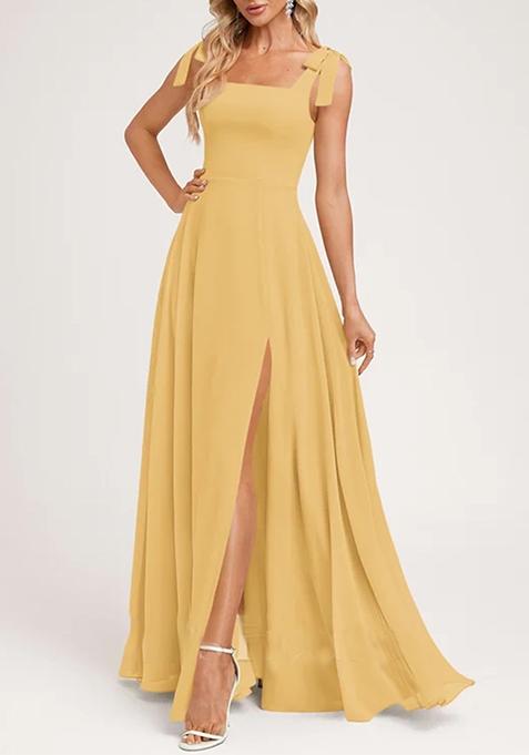 Golden A-line Square Bow Sleeves Pure Georgette Gown