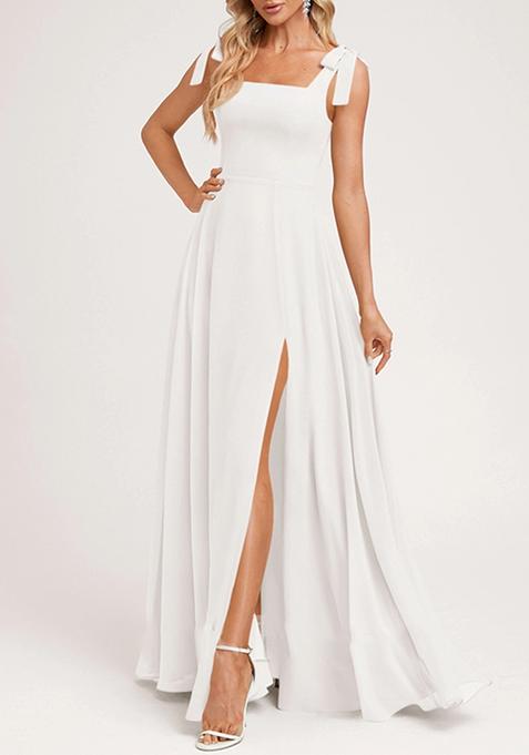 Ivory A-line Square Bow Sleeves Pure Georgette Gown