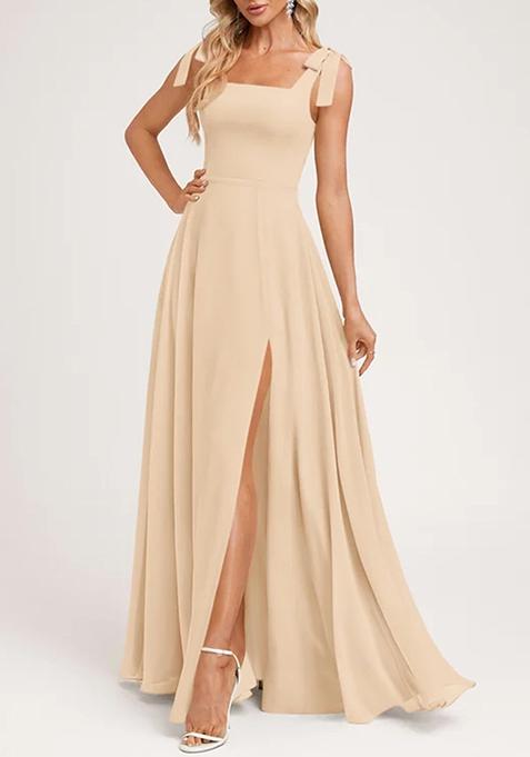 Beige A-line Square Bow Sleeves Pure Georgette Gown