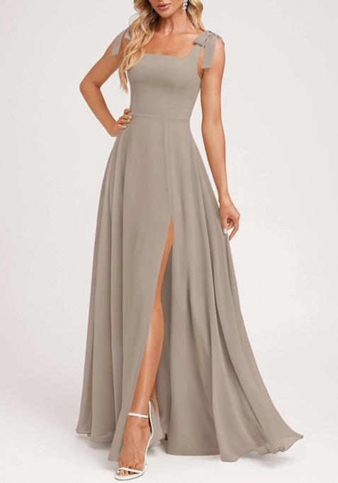 Grey A-line Square Bow Sleeves Pure Georgette Gown